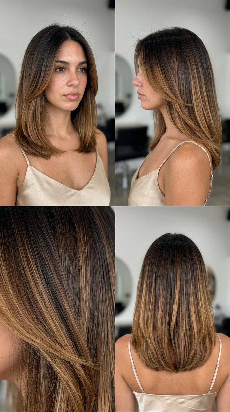 long layered espresso to caramel ombre dip with golden honey, soft contrast, no fringe — warm sophistication