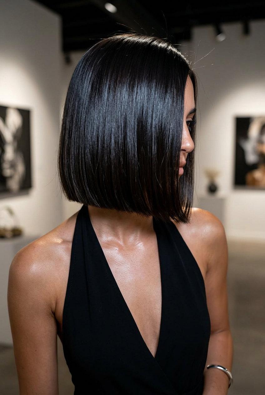 chin-length bob with deep espresso brunette, razor-sharp perimeter and deep side part for summer