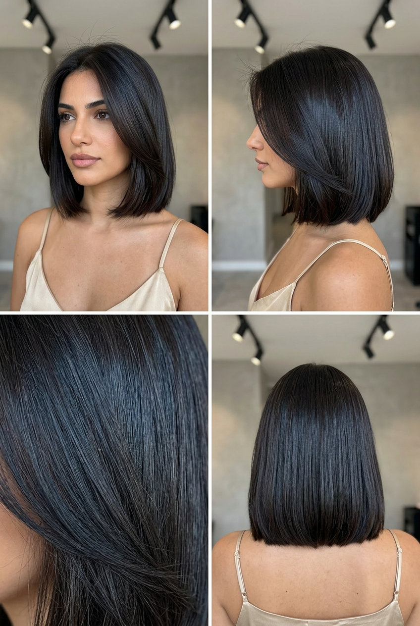 chin-length bob haircut with deep espresso brunette, blunt cut for summer