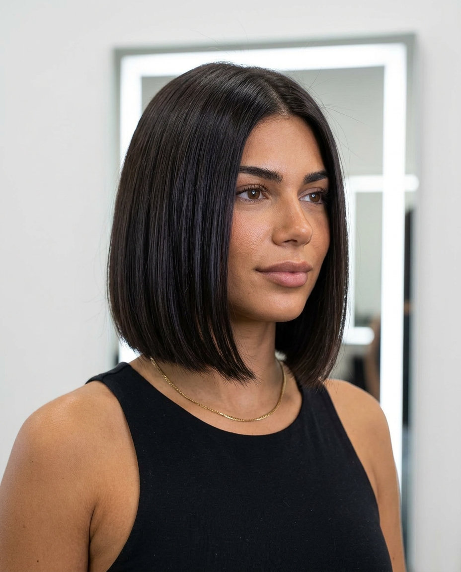 chin-length bob haircut in rich espresso brunette, blunt perimeter, internal texturizing — chic summer haircut 2026
