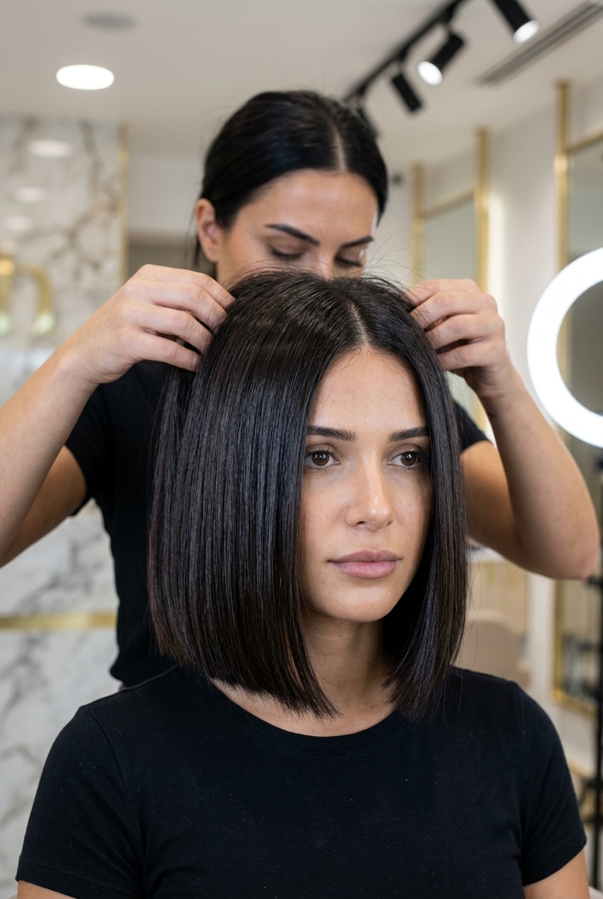 chin-length blunt bob with deep espresso brunette, all-over color, no layers — sophisticated summer haircut 2026