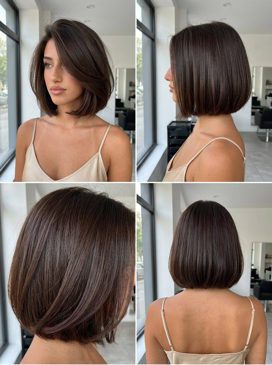 chin-length Italian bob with deep espresso brunette and flipped ends for evening