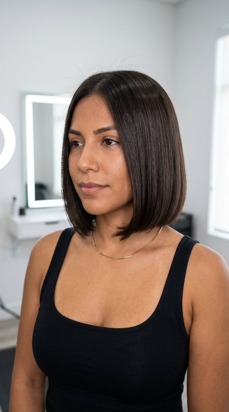 chin-length blunt bob haircut with espresso roast color, internal point-cutting for round face