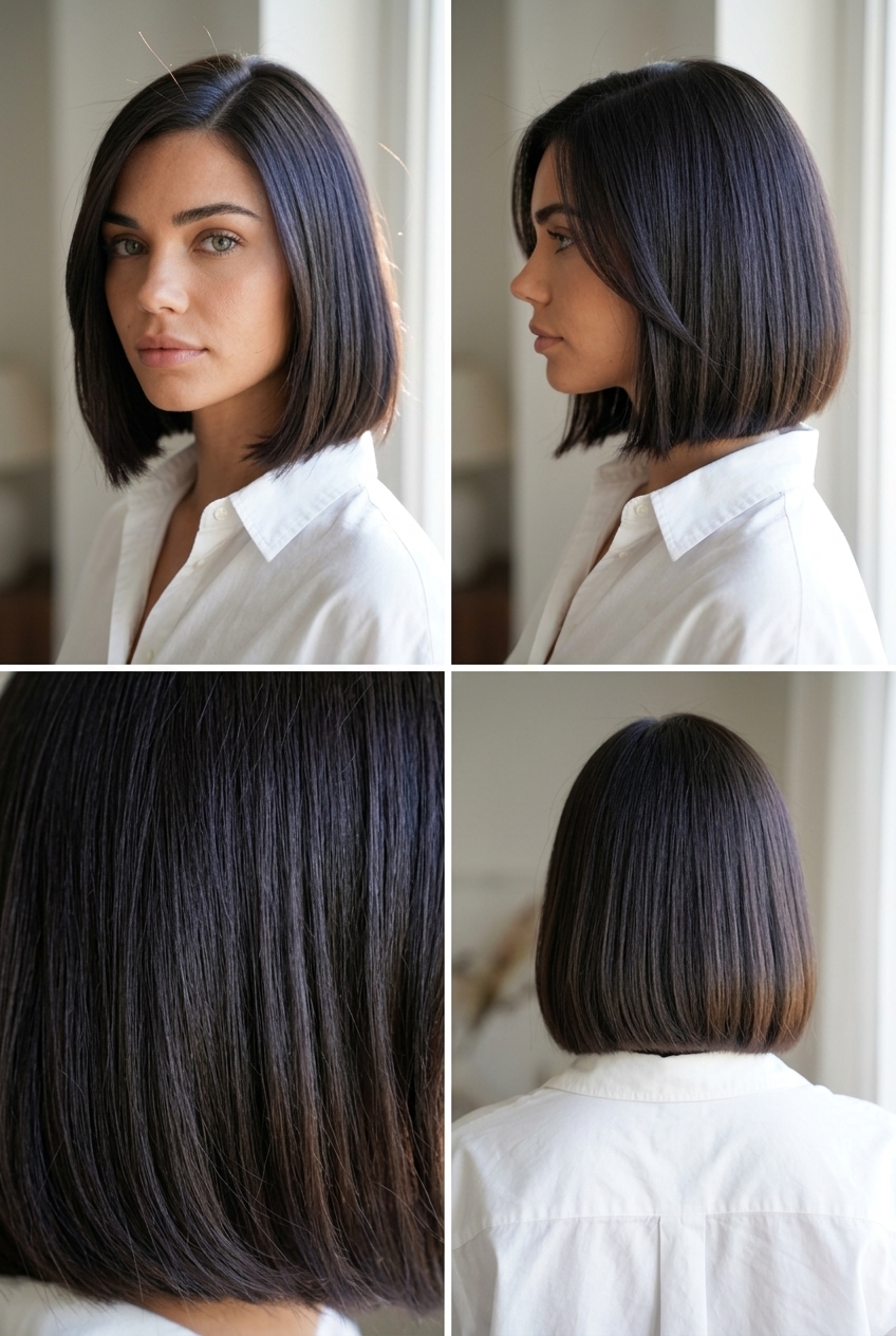 chin-length bob haircut with espresso roast brunette and sharp blunt ends for summer