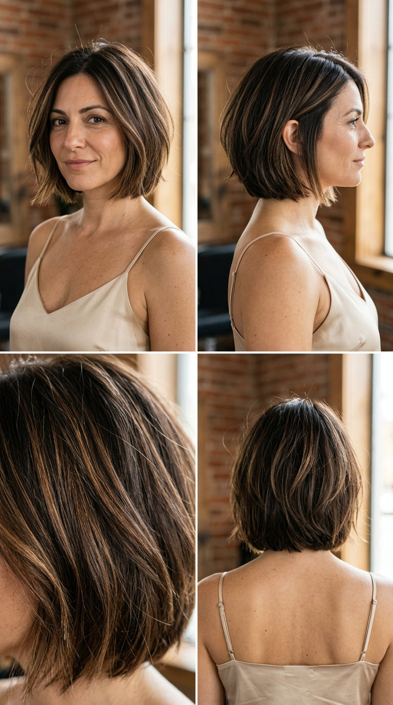Brunette Beach Bob Haircut 2026 chin-length espresso bob haircut with caramel ribbons and shattered layers for casual outings