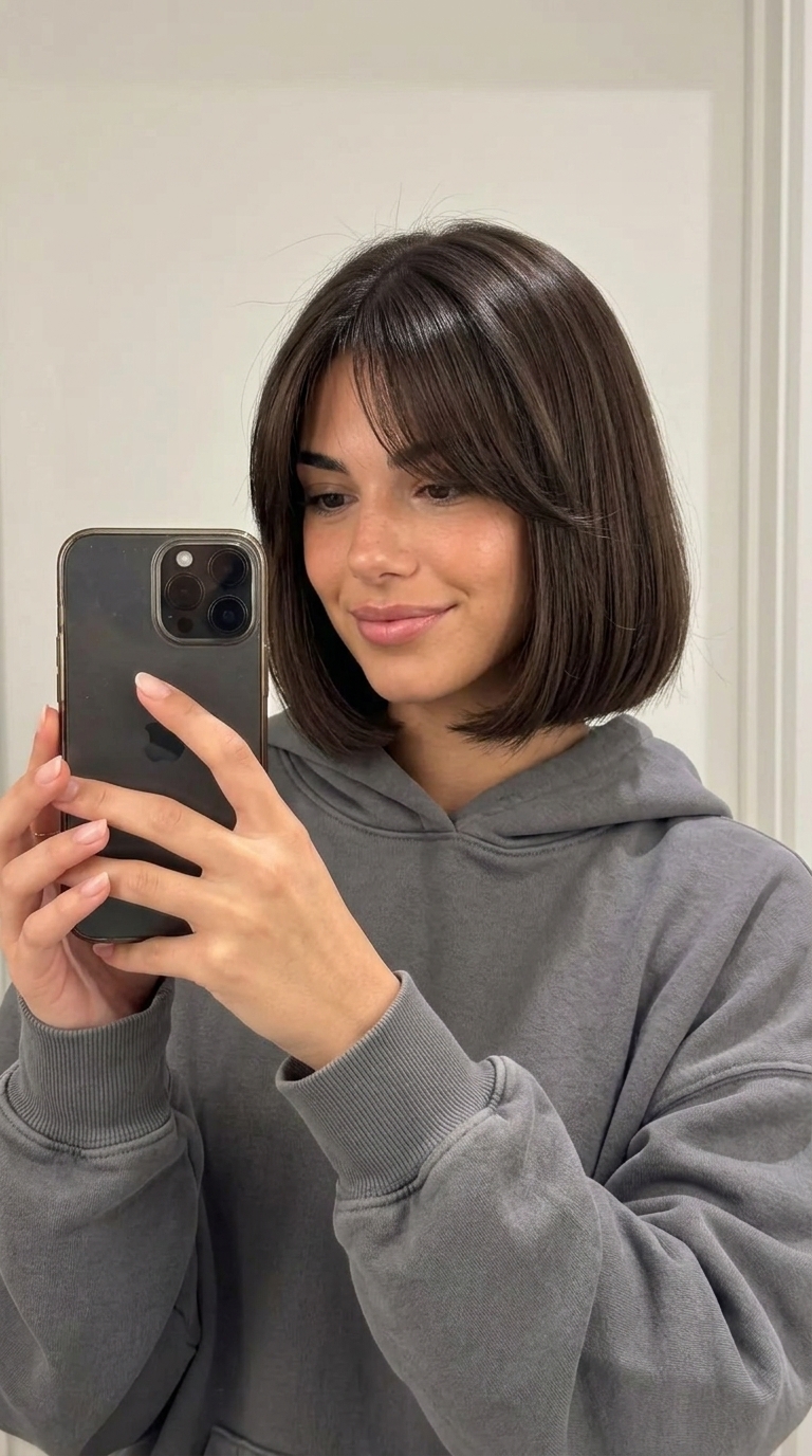 chin-length french bob haircut in espresso roast brunette, blunt perimeter, brow fringe — classic summer haircut 2026