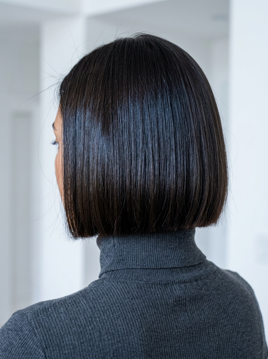 chin-length french bob haircut in deep espresso, cool blue undertones — chic, sophisticated, polished