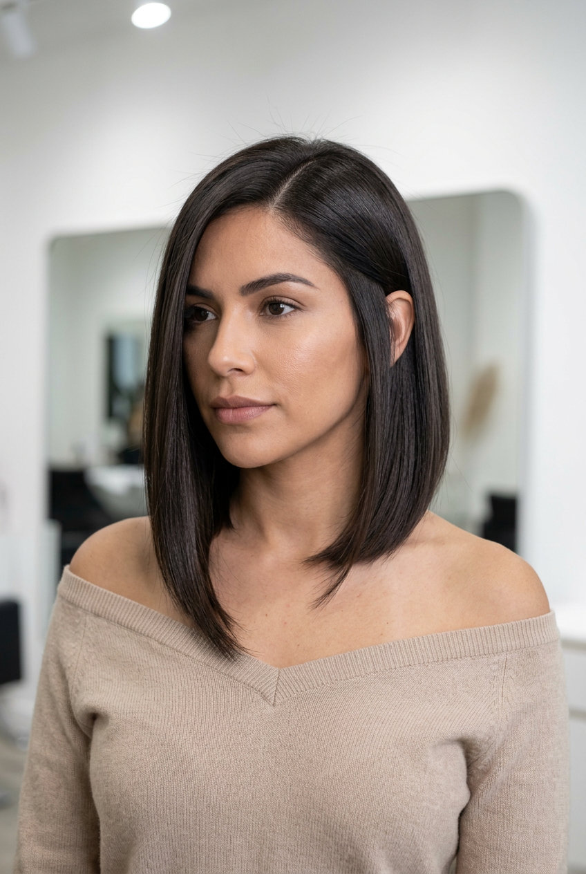 collarbone-length asymmetrical lob with espresso brunette and razored edges for summer