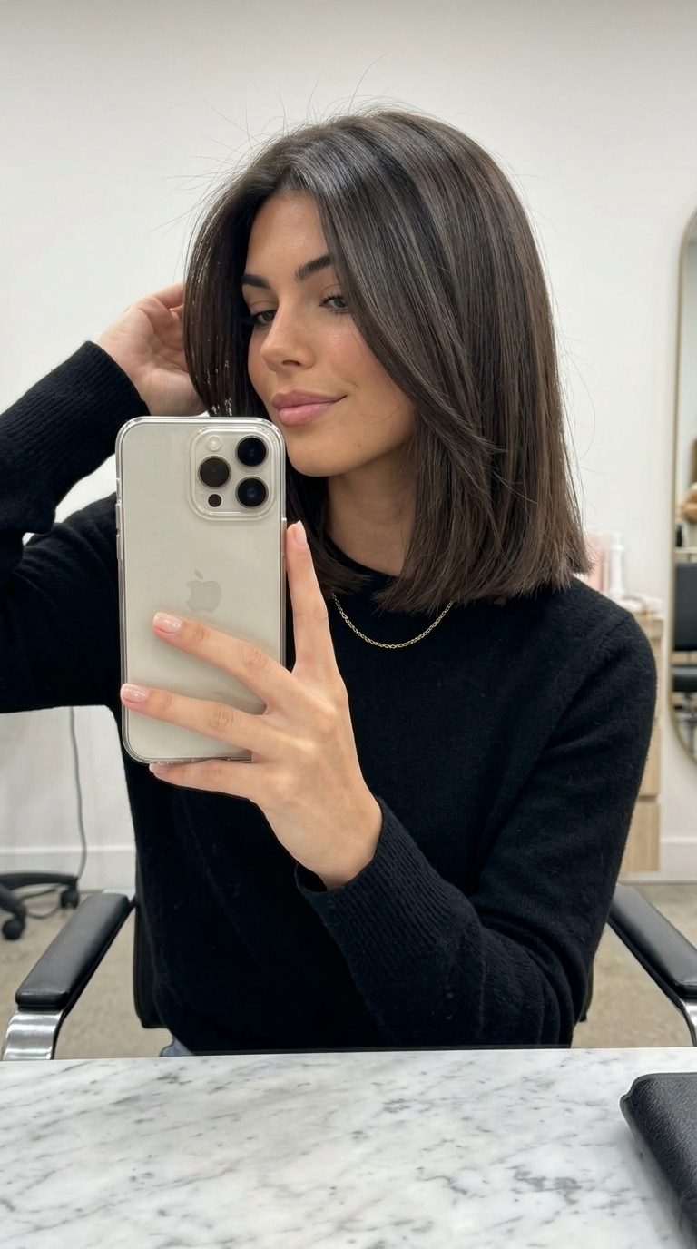 collarbone-length blunt bob haircut in deep espresso, high shine, no layers — polished summer haircut 2026