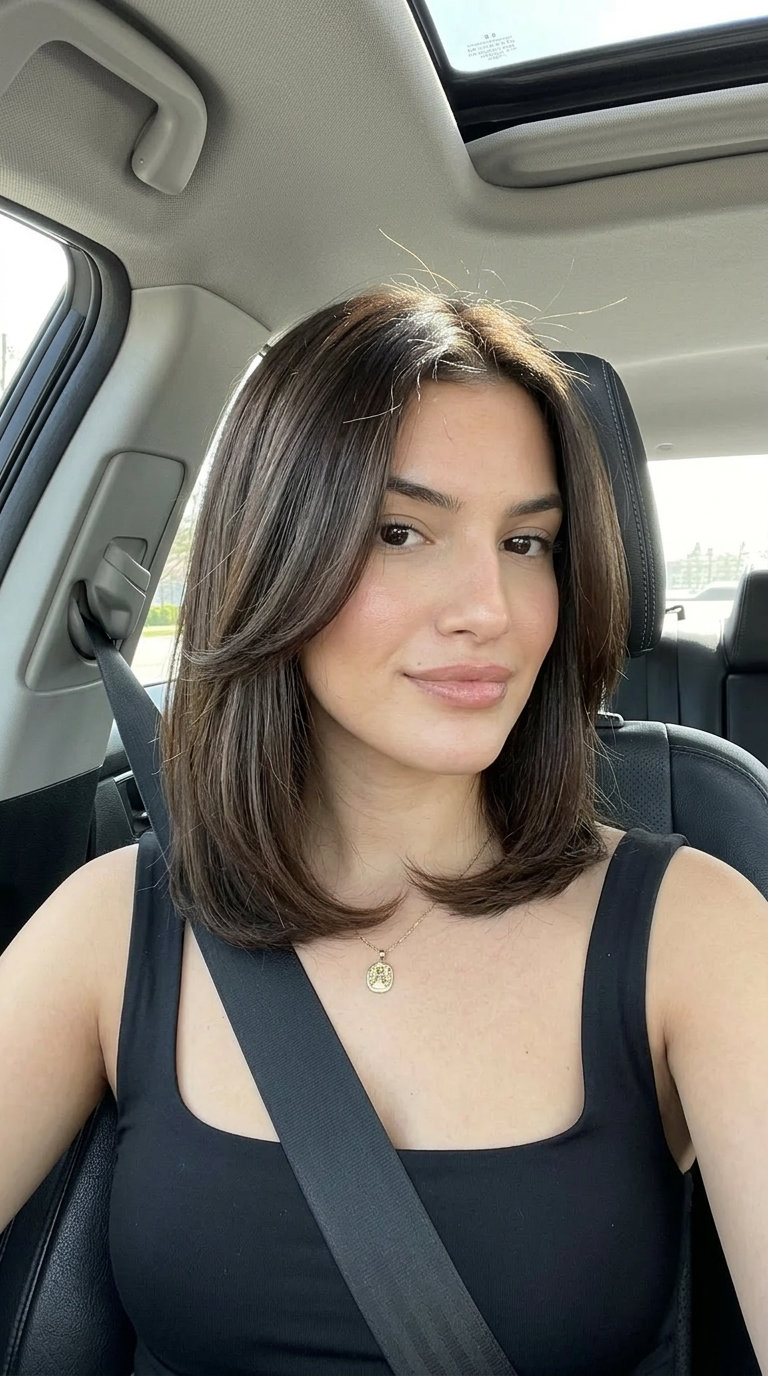 collarbone-length curve cut with espresso brunette and C-shaped layers for summer