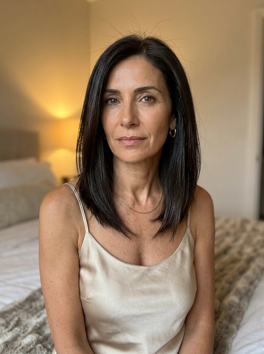 collarbone-length espresso brown lob with shattered ends and side part for modern summer