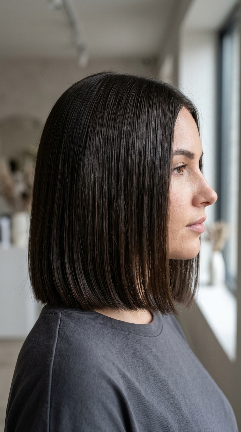 collarbone-length lob haircut with cold brew espresso color, blunt cut, and no bangs for professional look