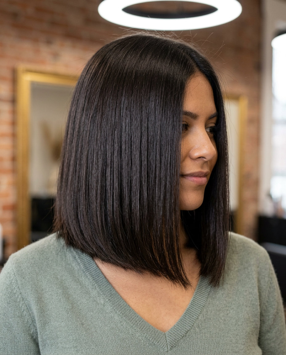 collarbone-length blunt lob with deep espresso brown, high-gloss sheen, clean perimeter — sophisticated, polished, bold