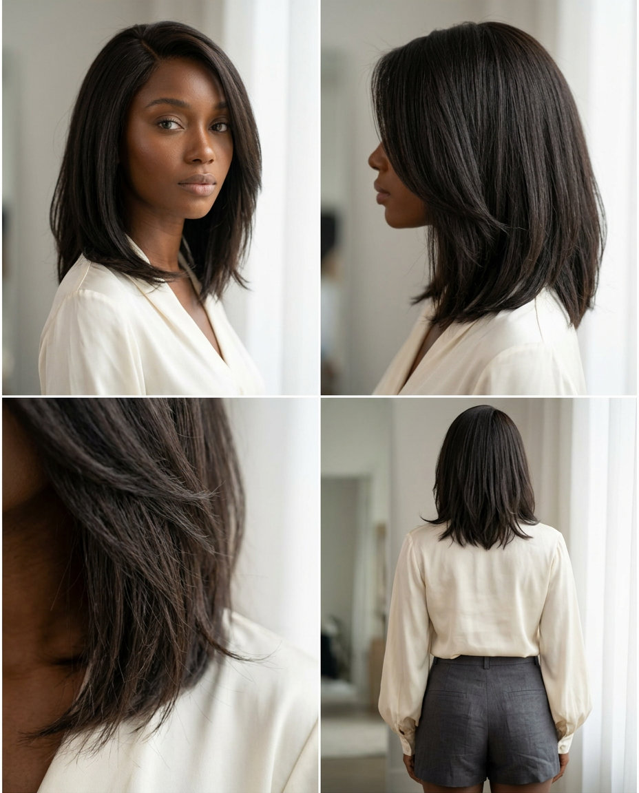 collarbone-length lob with deep espresso brown, blunt perimeter and side part for summer