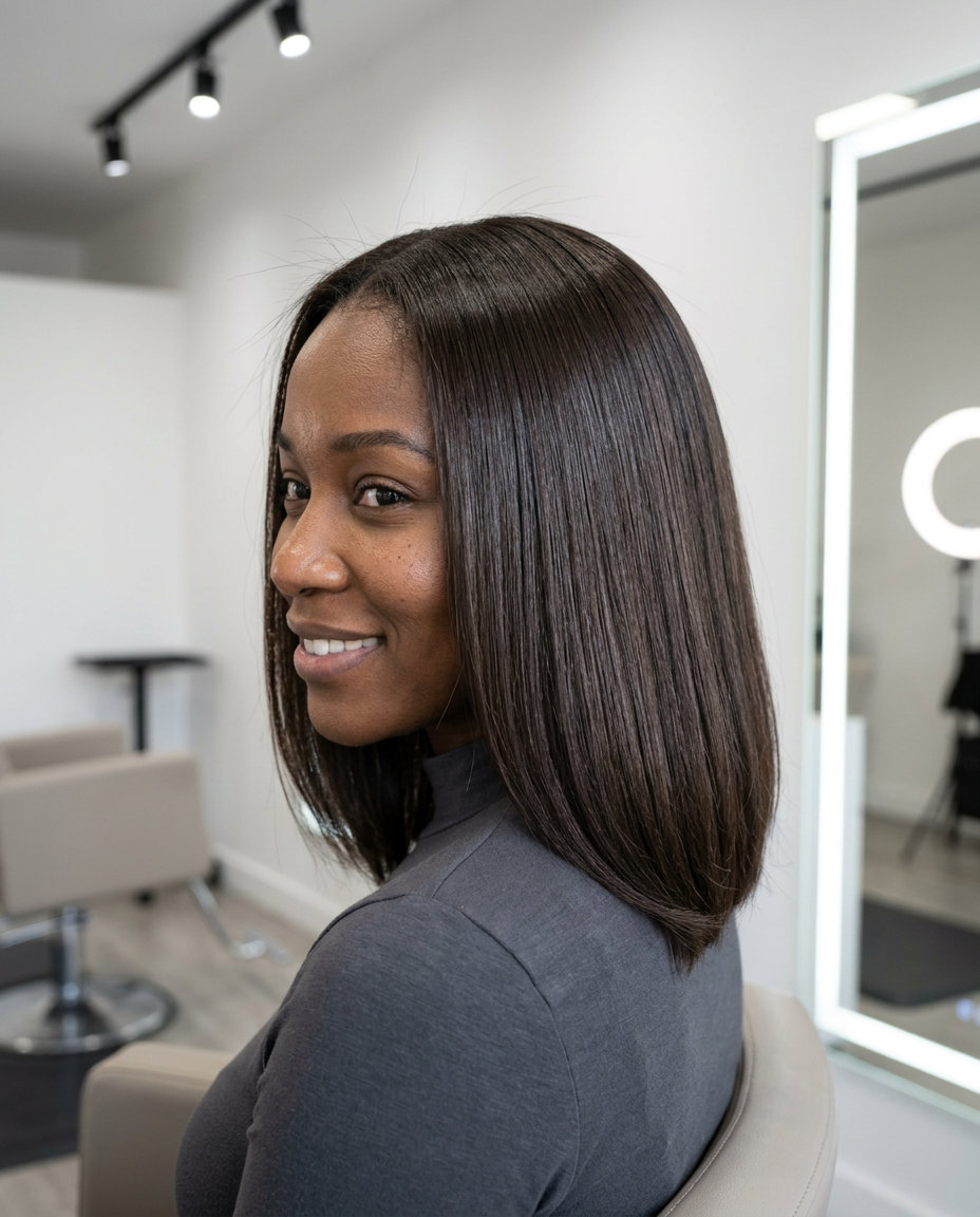 long chocolate brunette hair color with espresso gloss, all-over saturation, glass hair shine — sultry date night