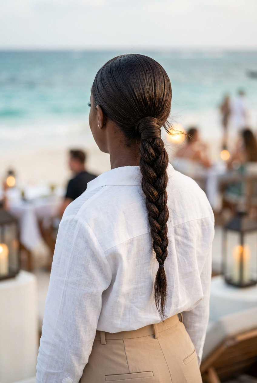 Chic Braided Low Pony 2026 long braided low pony with espresso gloss, three-strand braid technique, no fringe — professional modern minimal look