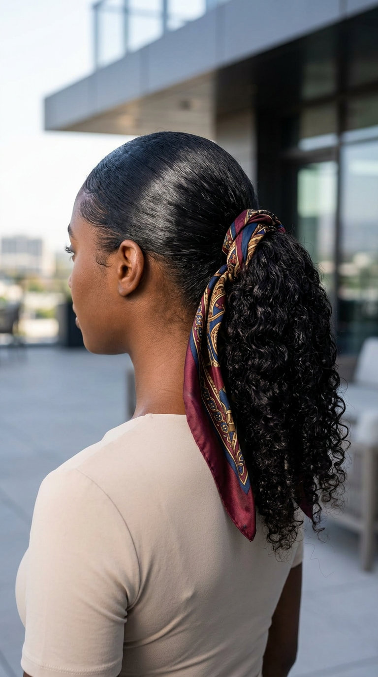 Riviera High Pony with Silk Wrap 2026 long high pony with espresso gloss, silk wrap accessory, no fringe — polished chic summer evening look