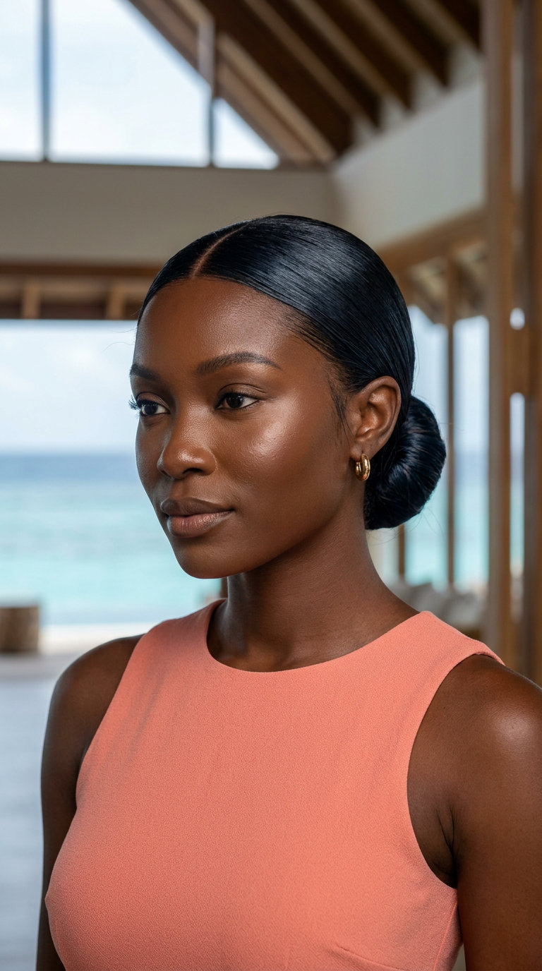 Modern Minimalist Low Bun 2026 medium natural hair with espresso gloss, sleek low bun and sharp part for summer