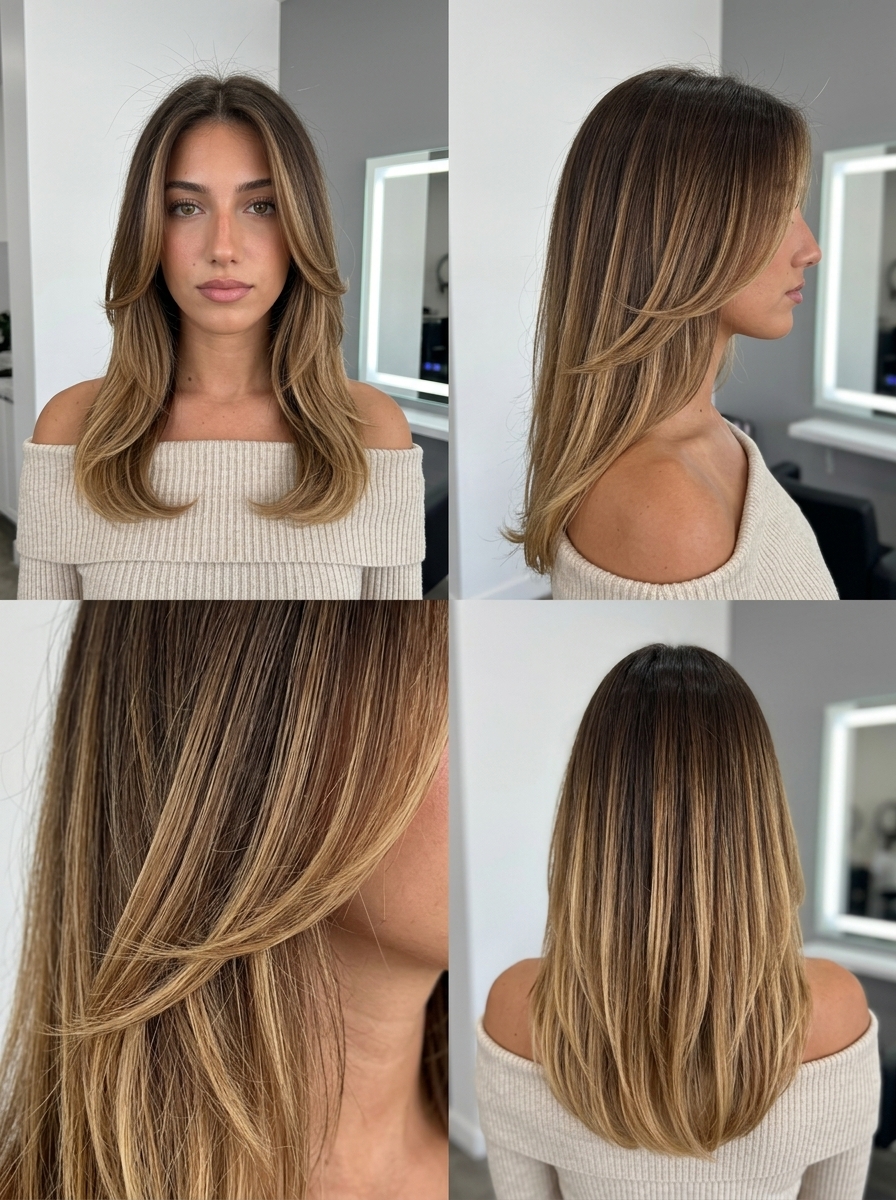 mid-back curve cut with espresso to honey blonde ombré, balayage, chin-length face-framing — bold summer haircut 2026