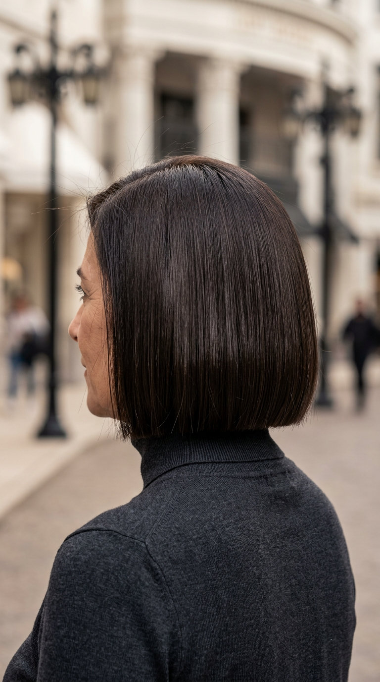 jaw-length espresso brown bob with blunt cut and high-gloss finish for professional summer