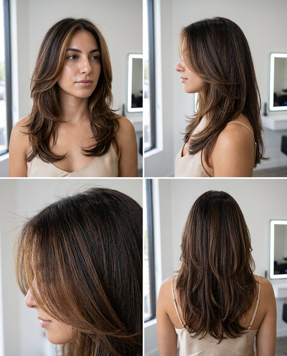 long butterfly cut with espresso brunette, caramel money pieces, wing layers — playful, chic, voluminous