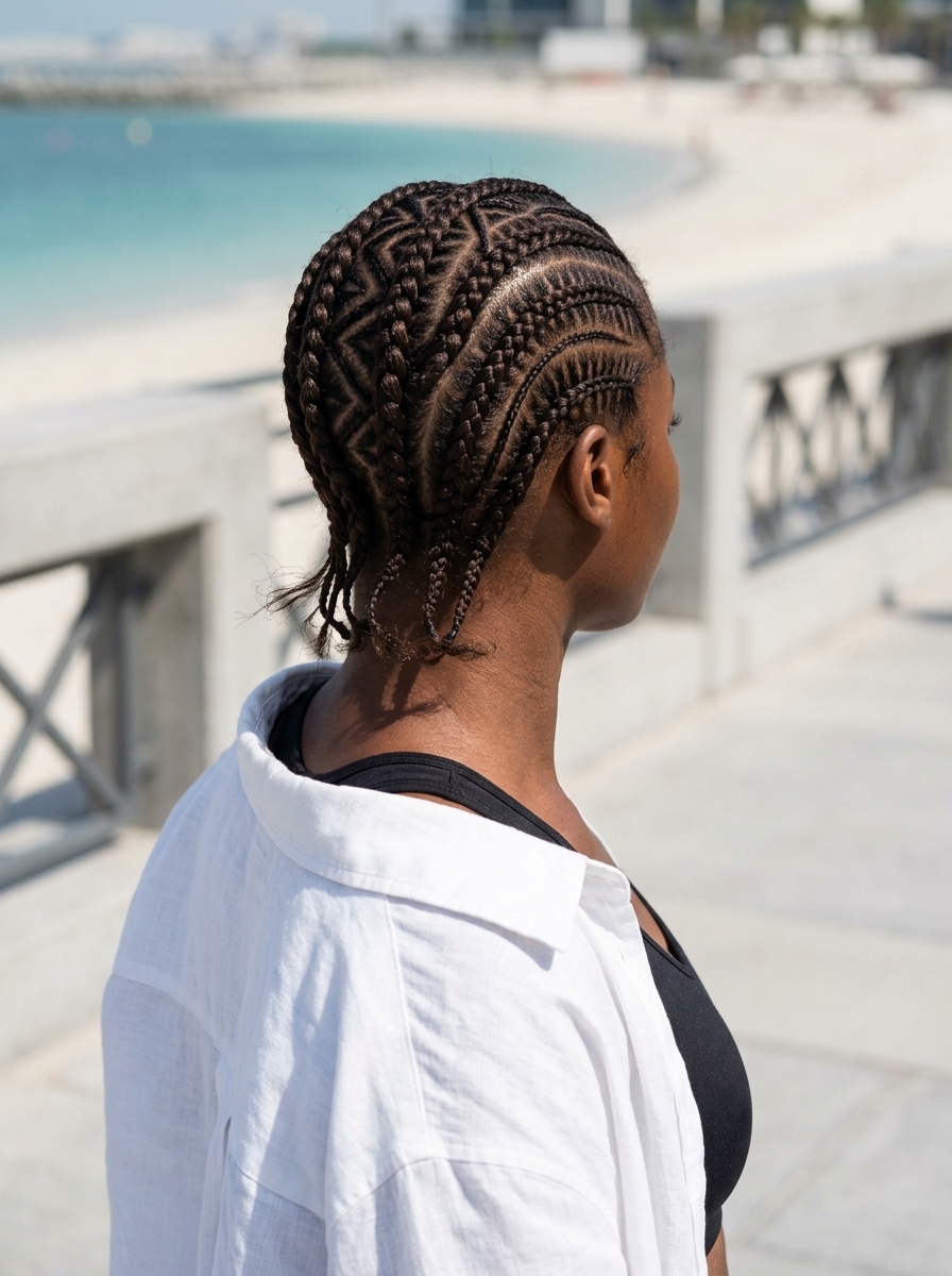 Geometric Cornrows Hairstyle 2026 long espresso roast braids with geometric cornrows and crisp parts for edgy look