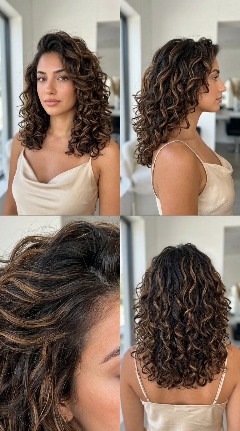 long textured curly haircut with deep espresso & caramel highlights, face-framing layers for round face