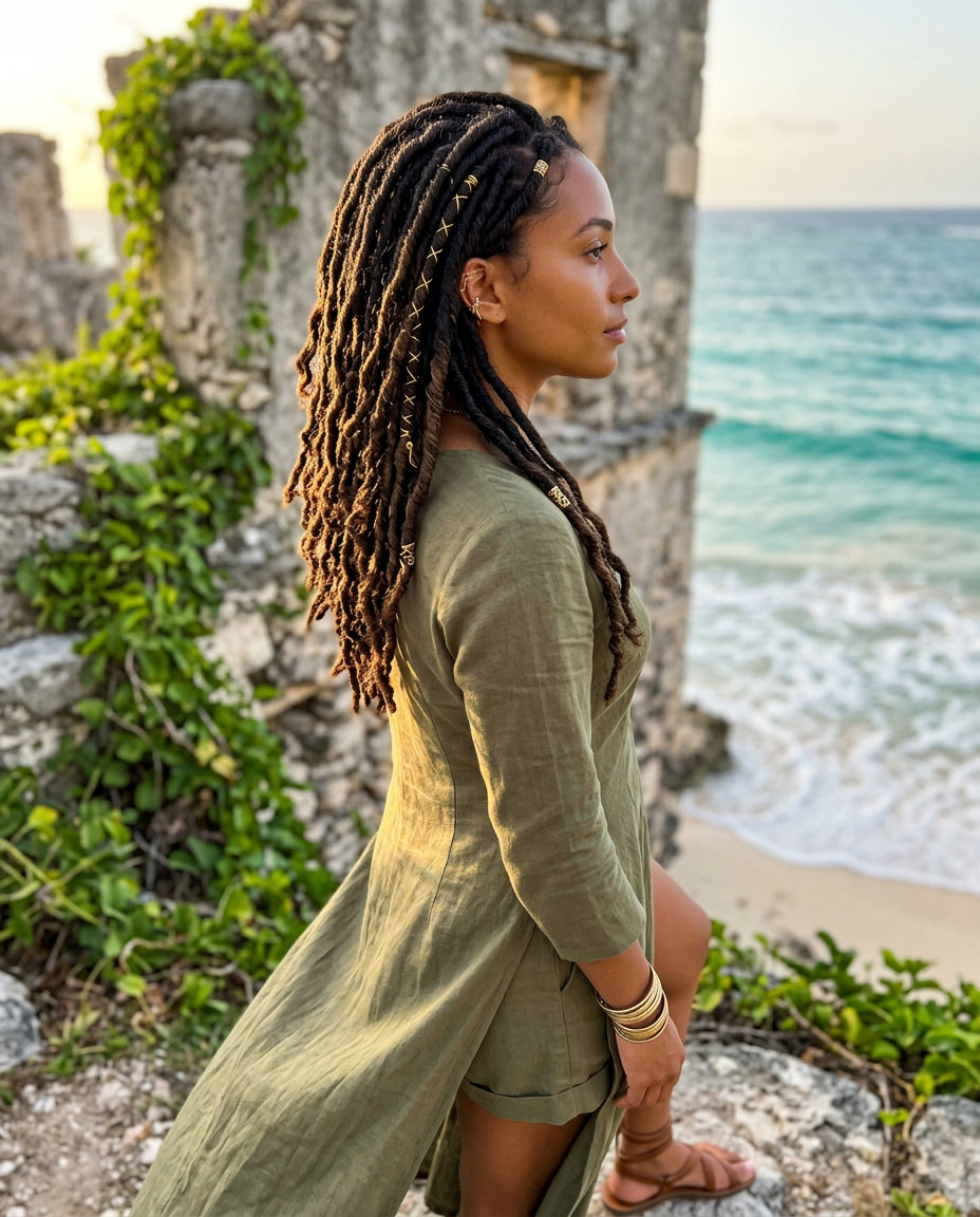 Goddess Faux Locs with Wraps 2026 long espresso brunette faux locs with gold thread wrapping for bohemian vacation