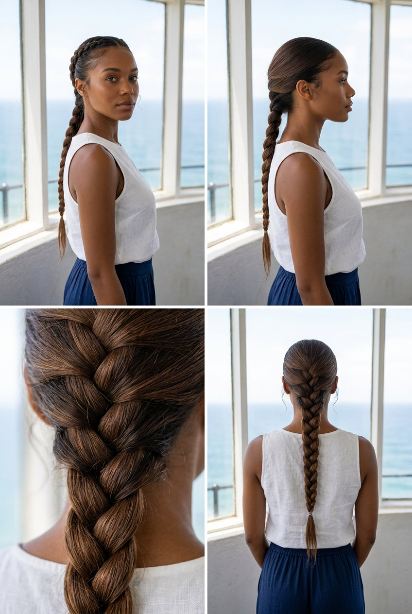long sculpted French braid with deep espresso gloss color, polished finish for summer