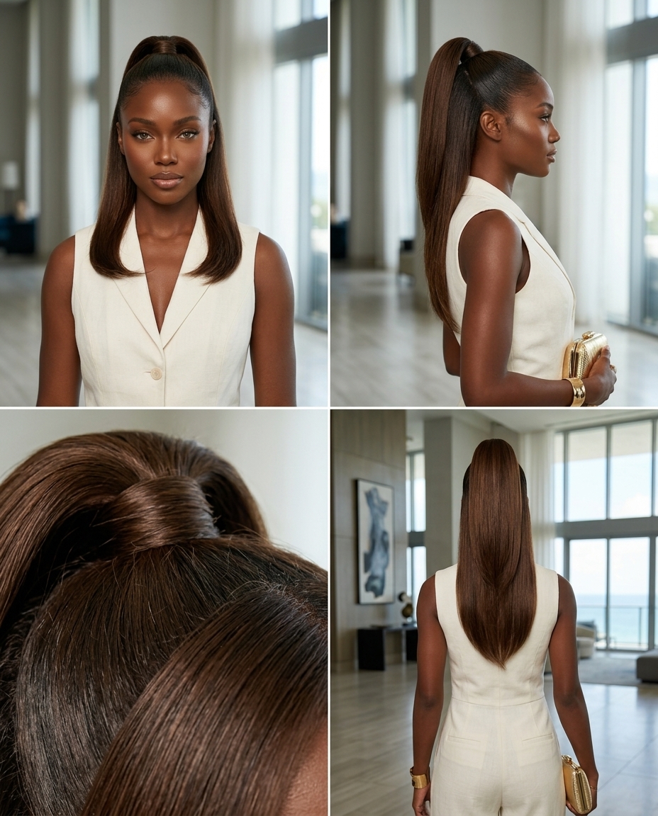 Sleek Summer Power Pony 2026 long dark brown half up half down with expensive espresso color, sleek ponytail with wrapped base for evening event