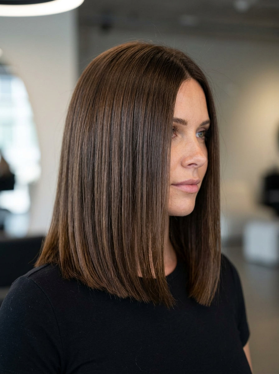long espresso brunette lob with blunt ends and deep side part for polished look