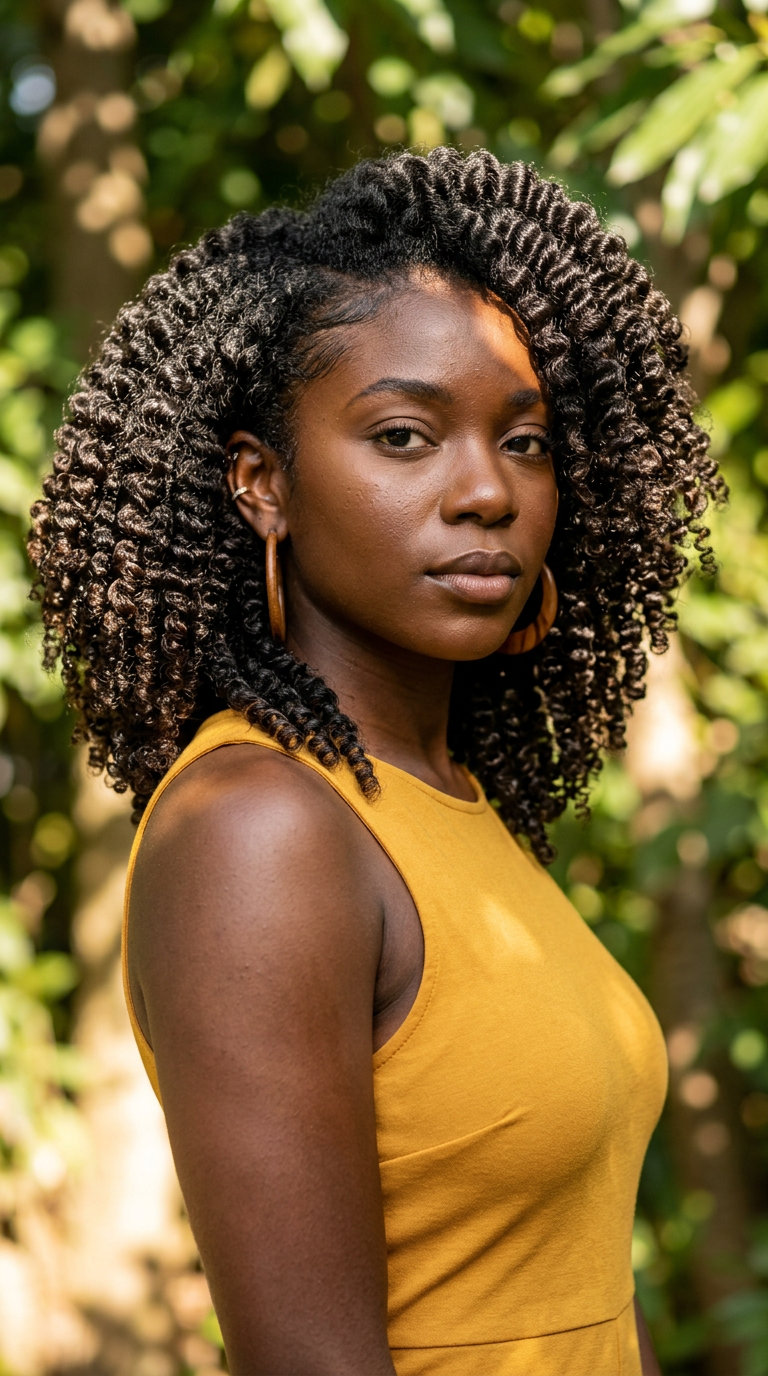 Sculpted Summer Coils for Black Women 2026 long natural coily hair with deep espresso, sculpted coils and defined texture for summer