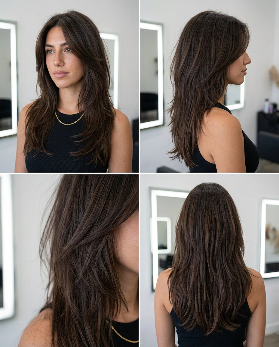 long shag haircut in deep espresso with chocolate lowlights, razored layers, no fringe — edgy textured style