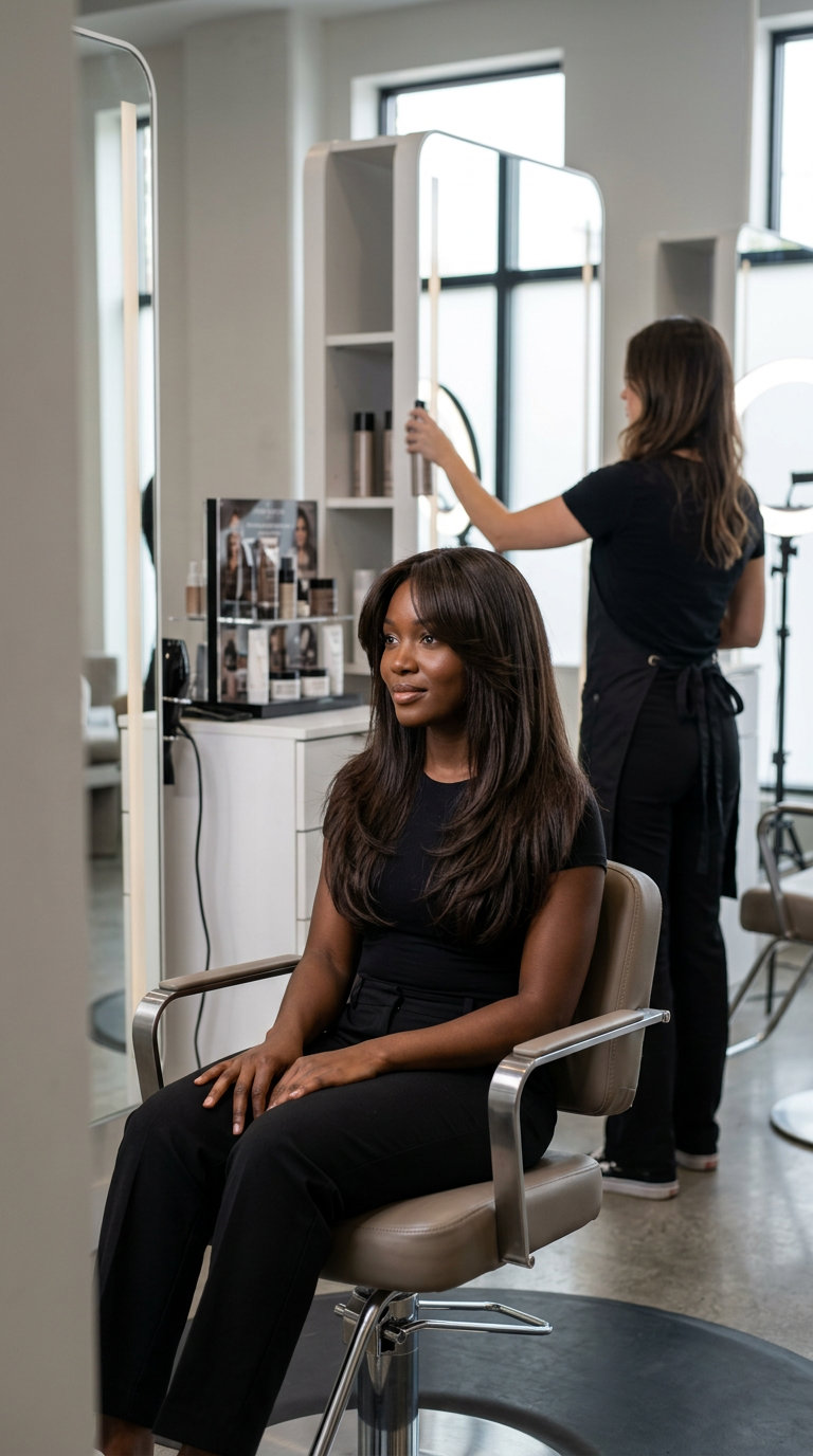long espresso brunette wolf cut with ash lowlights, curtain bangs, blended layers — elegant professional style