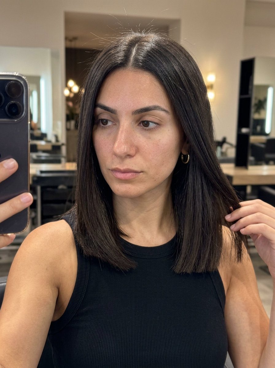 medium-length dark espresso blunt cut with no layers and center part for professional look
