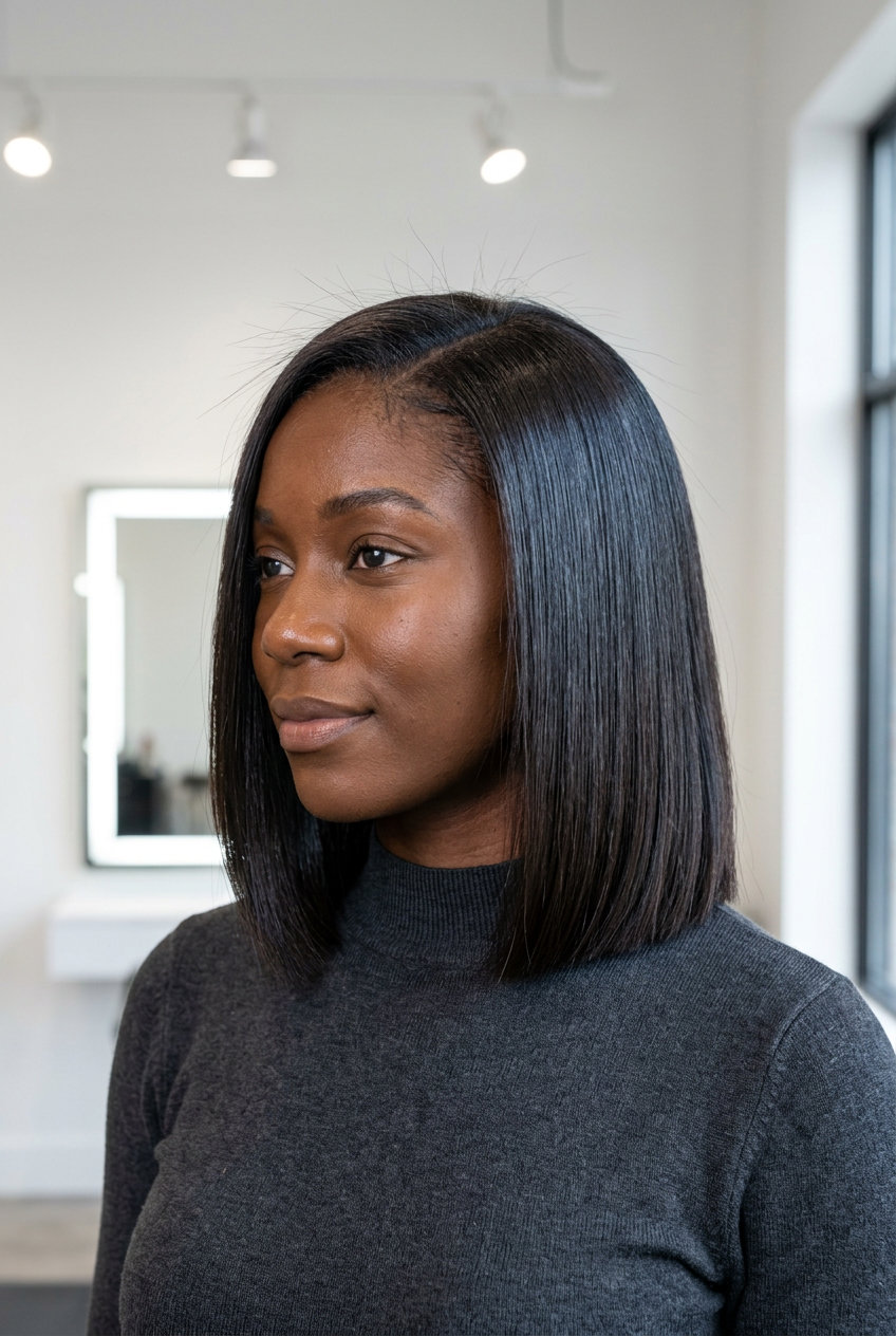 medium blunt bob haircut in espresso brunette with cool undertones, sharp perimeter, deep side part — sophisticated daily wear