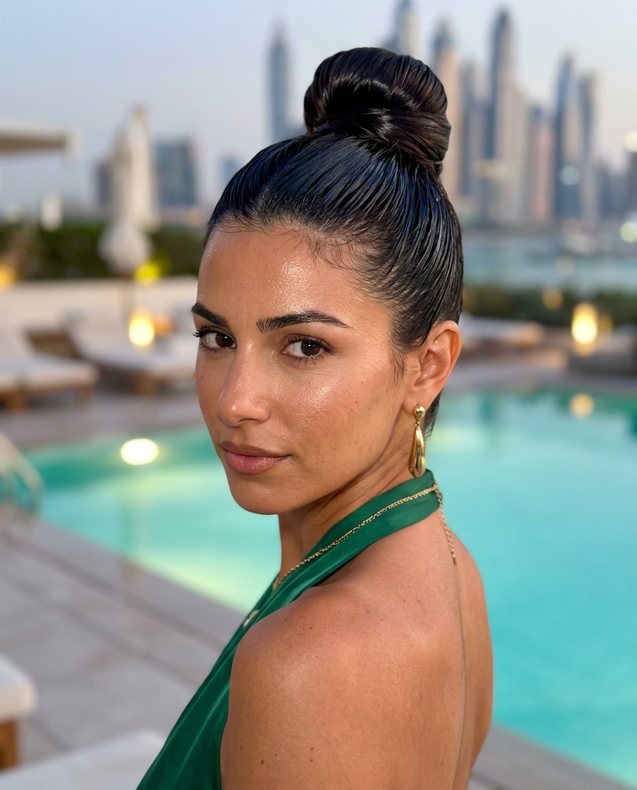 medium espresso architectural bun with wet-look gloss and slicked-back style for summer