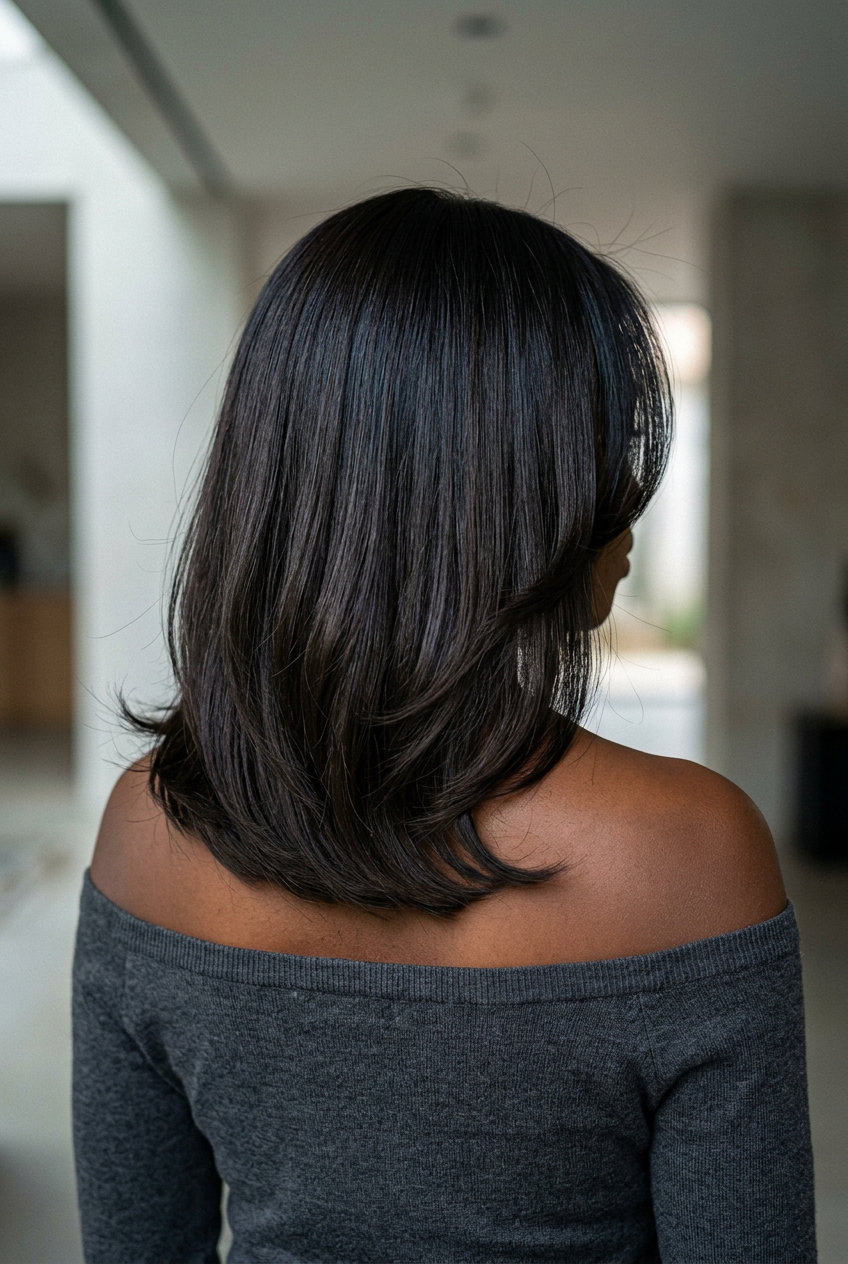 medium C-cut haircut in espresso roast brunette, C-shaped face-framing layers, no bangs — professional sophisticated