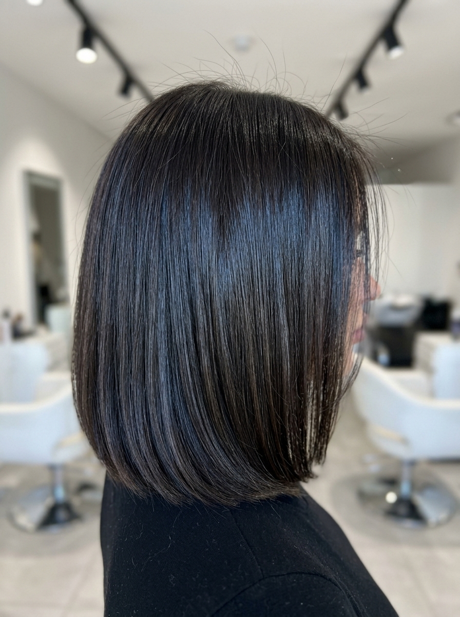 medium blunt lob haircut in deep espresso with blue-black lowlights, sleek finish for professional events