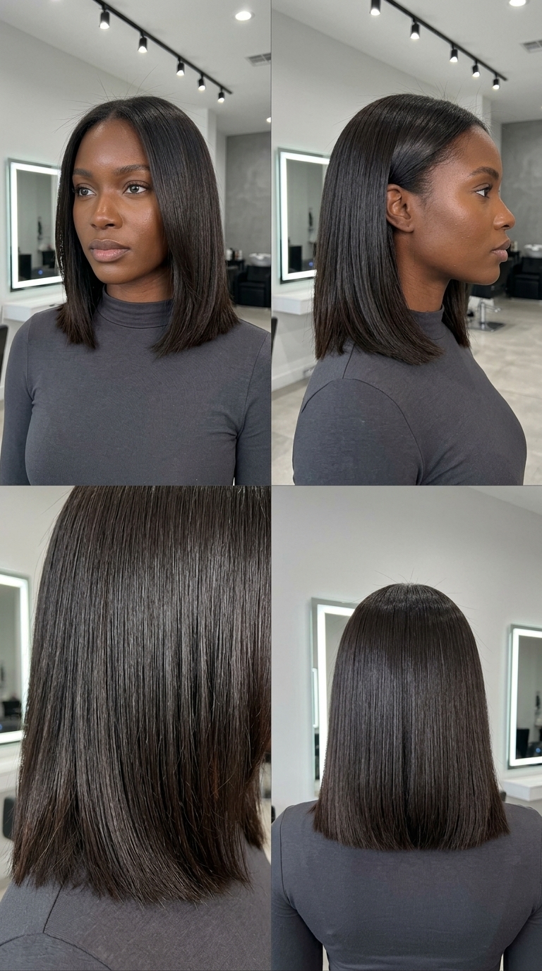 medium blunt lob haircut in deep espresso with cool undertones, sharp geometric line for professionals