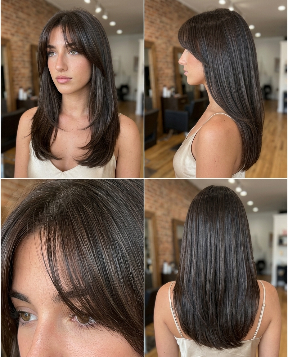 mid-back length hair with deep espresso brunette, wispy birkin bangs, subtle layers — chic summer haircut 2026