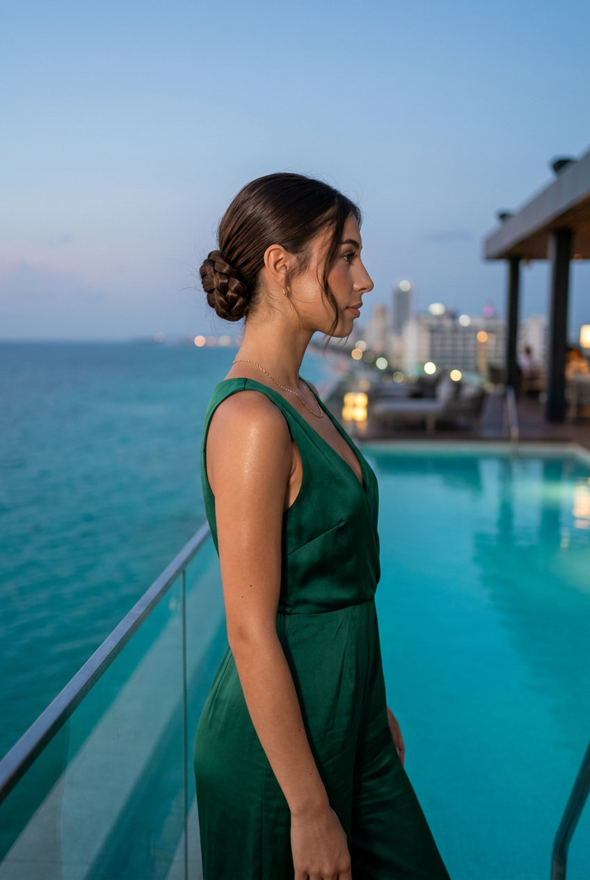 Sleek Braided Summer Bun 2026 long braided bun with espresso roast color, sleek finish, no fringe — minimalist sophisticated