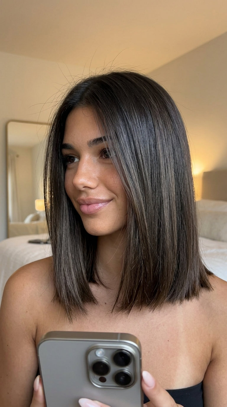 medium blunt cut haircut with espresso roast and ash brown lowlights for summer