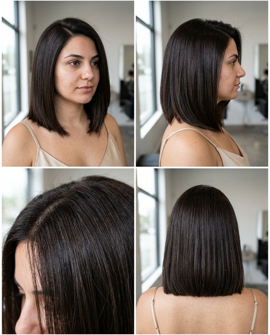 medium midi-bob haircut with espresso roast brunette and cool undertones for summer