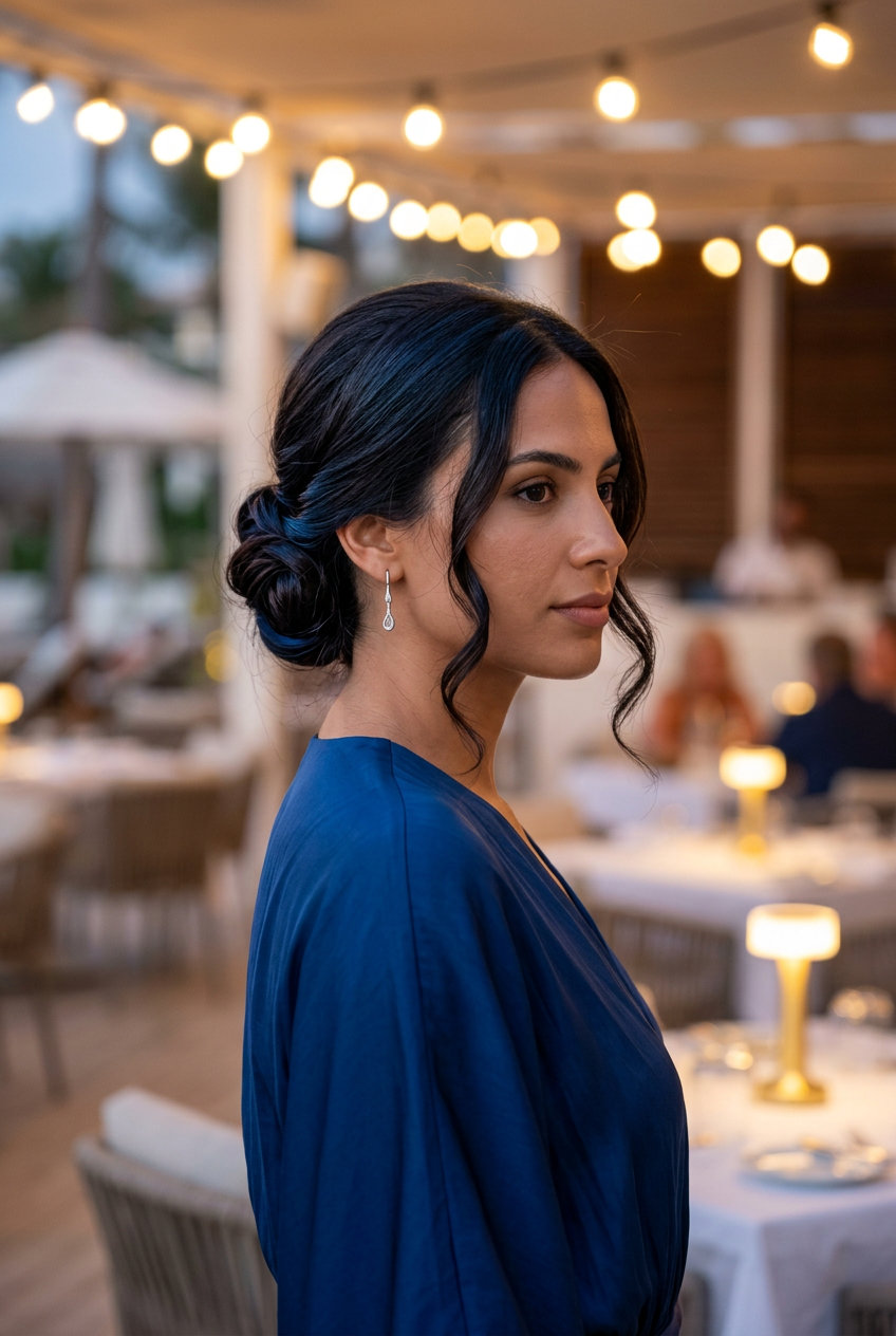 medium romantic low chignon with espresso roast blue-black gloss color, face-framing curls, no fringe — romantic sophisticated