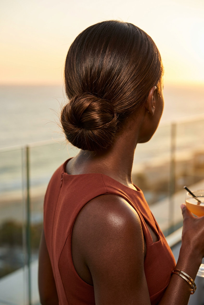 medium sculptural low bun with espresso roast color, tightly coiled bun, no fringe — sophisticated modern