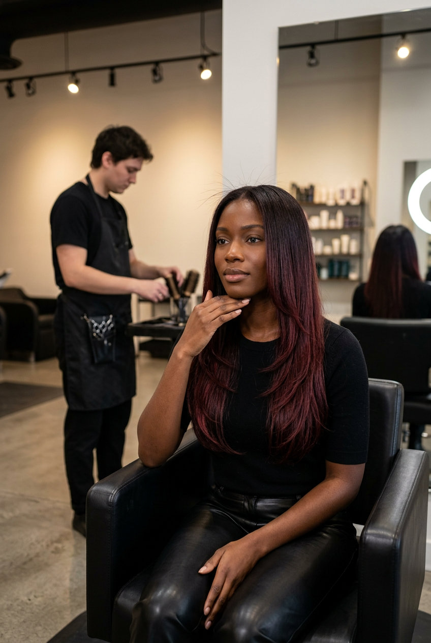 long ombré haircut in deep espresso to sangria burgundy with ruby ribbon babylights, internal V-layers — romantic bohemian