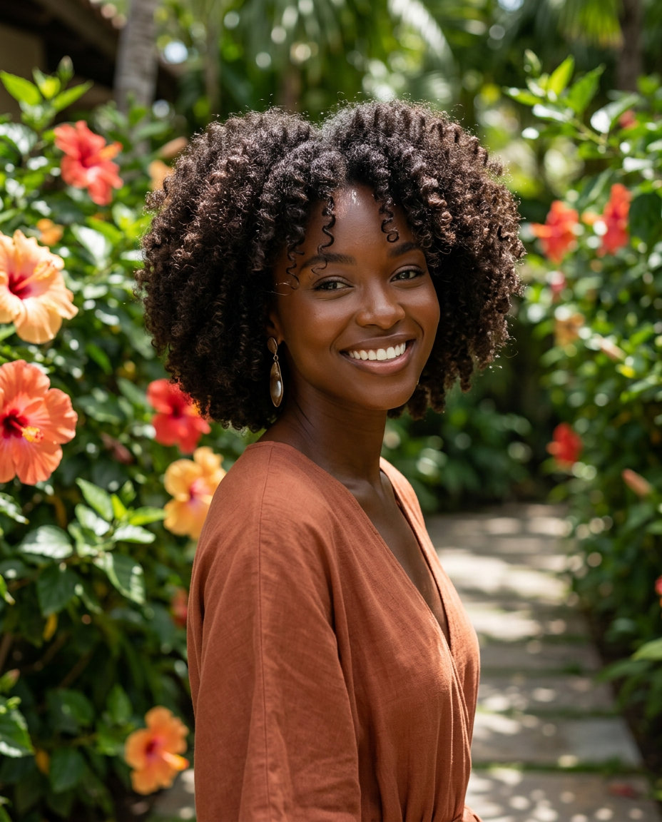short to medium rounded afro with deep espresso brunette, sculpted layers and tapered nape for summer