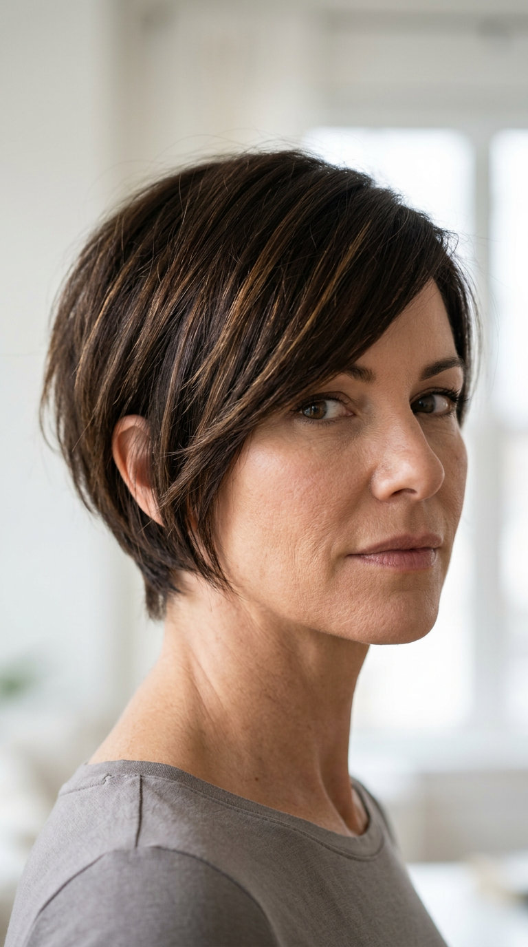 Espresso Bixie Haircut 2026 short espresso brunette bixie haircut with razor-cut texture and side-swept bangs for edgy style