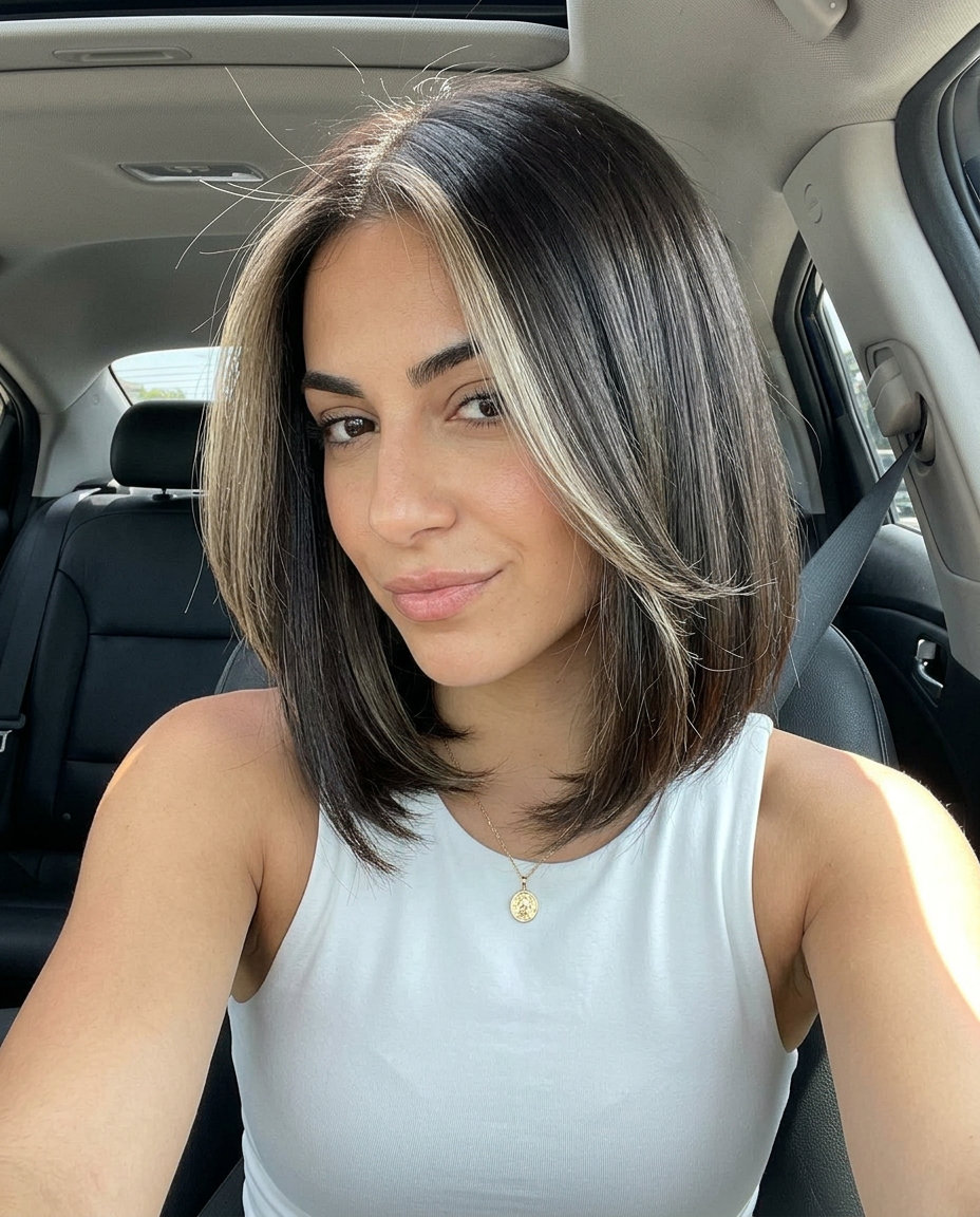 short A-line bob haircut in cool espresso brunette with ash blonde money pieces, no bangs — sophisticated, polished, elegant